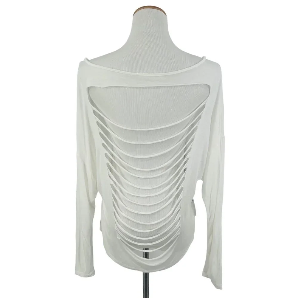 Slouchy White Black Graphic Print Cut-Out Slashed Back L/S Top | Streetwear Glam - Picture 5 of 10